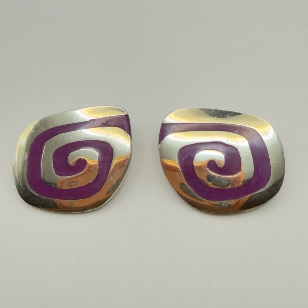 Veg Mexican Alpaca Earrings Modernist Swrill Enamel Clip On MCM